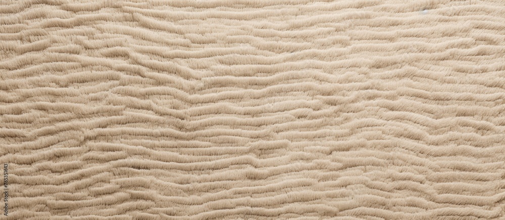 A detailed view of a white rug featuring a subtle pattern of flowing wavy lines