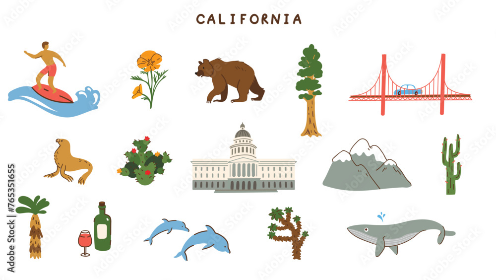 California big set symbols. Landmark. Vector illustration - obrazy, fototapety, plakaty 