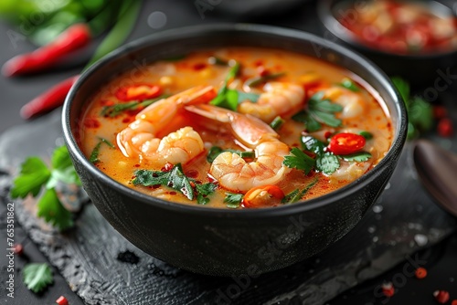 tom yum kung Spicy Thai soup with shrimp in a black bowl on a dark stone background
