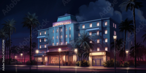 Hotel night view anime visual novel game Urban travel neon city synthase retro wave style Neural network  © muntaha