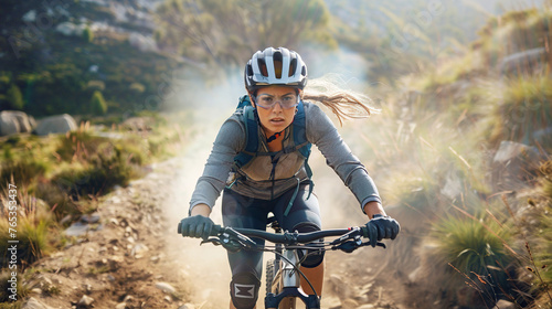 Young woman riding bicycle on mountain trail, cyclist on sports bike