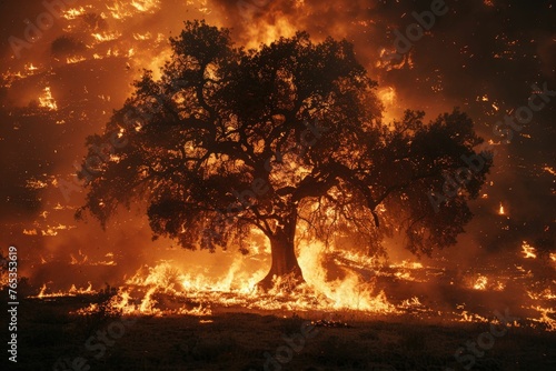 An imposing oak tree stands defiantly against the intense flames of a surrounding wildfire.