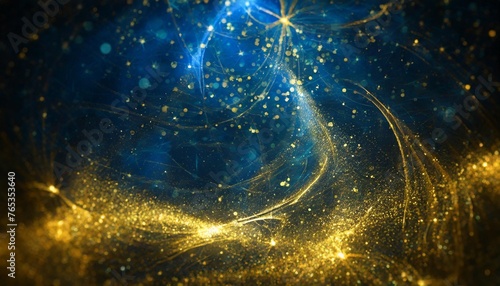 abstract blue and gold background with particles golden dust light sparkle and star shape on dark endless space wallpaper christmas new year s eve cosmos theme shiny fantasy galaxy concept photo