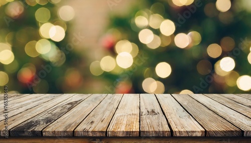 empty wooden table top with out of focus lights bokeh rustic farmhouse living background