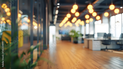 Blurred background of a modern office interior with beautiful lights. 