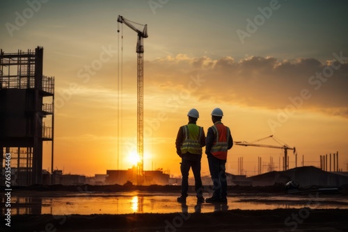 Silhouettes of engineers and workers checking building projects at construction building site