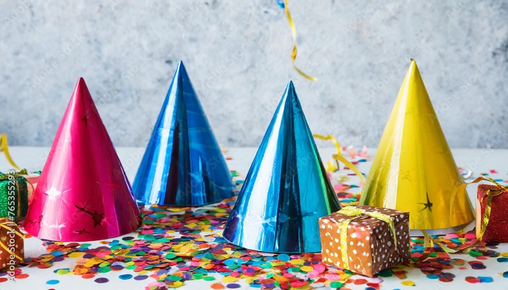 colorful birthday caps with confetti on white background