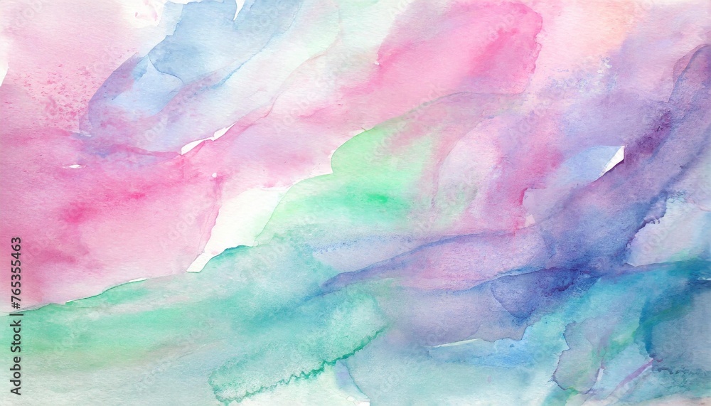 abstract watercolor background painting in pastel pink purple and blue green colors with painted watercolor wash texture