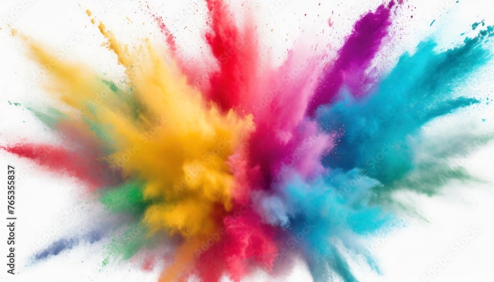freeze motion of colorful painted powder exploding on white background abstract design of color dust cloud particles explosion splash of colorful painted powder on white background - obrazy, fototapety, plakaty 