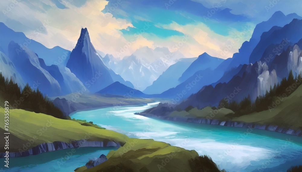 fantasy landscape with river and mountains