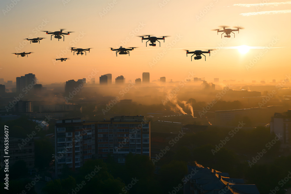 Group of drones over city at summer morning. Neural network generated image. Not based on any actual scene or pattern. Group of drones over city at summer morning. Neural network generated image. Not based on any actual scene or pattern.