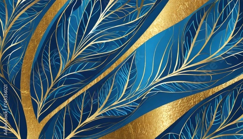luxury blue leaf background with golden metal