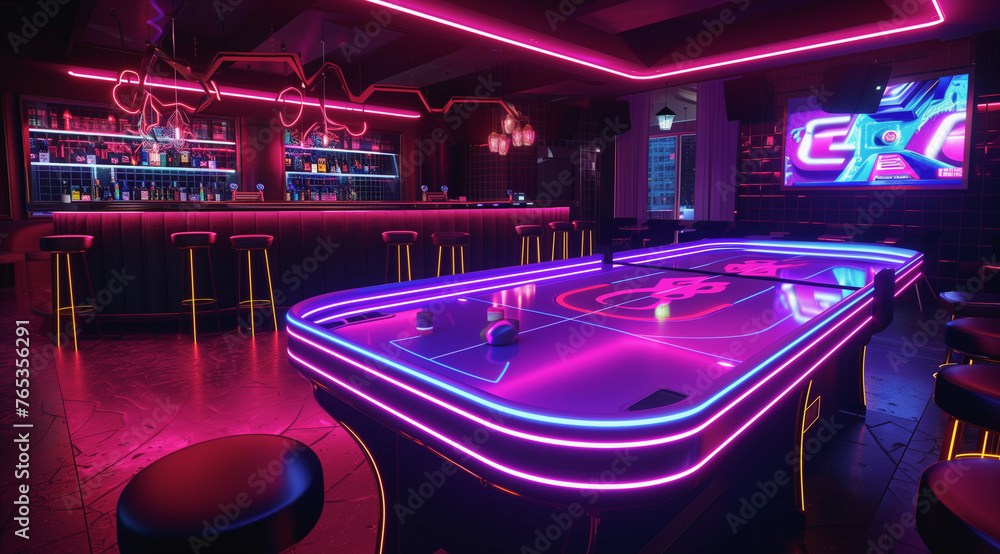 A 3D-rendered air hockey table aglow with striking neon lights - obrazy, fototapety, plakaty 