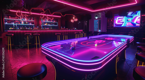 A 3D-rendered air hockey table aglow with striking neon lights photo