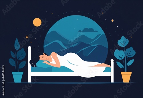 woman sleeping on a bed with a moon in the background.