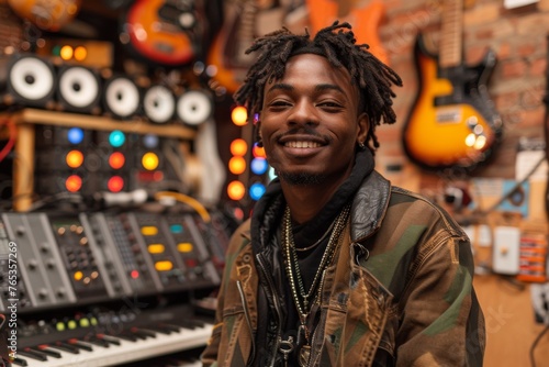 A smiling young man with dreadlocks stands confidently in a music shop, surrounded by guitars and keyboards, representing creativity and musical passion.