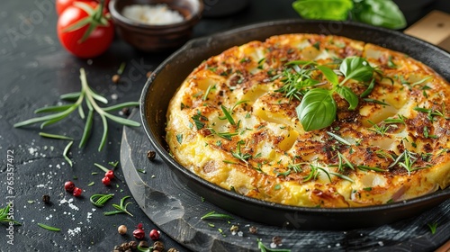 Spanish omelette with potatoes and onion, typical Spanish cuisine. Tortilla espanola. © Vasiliy