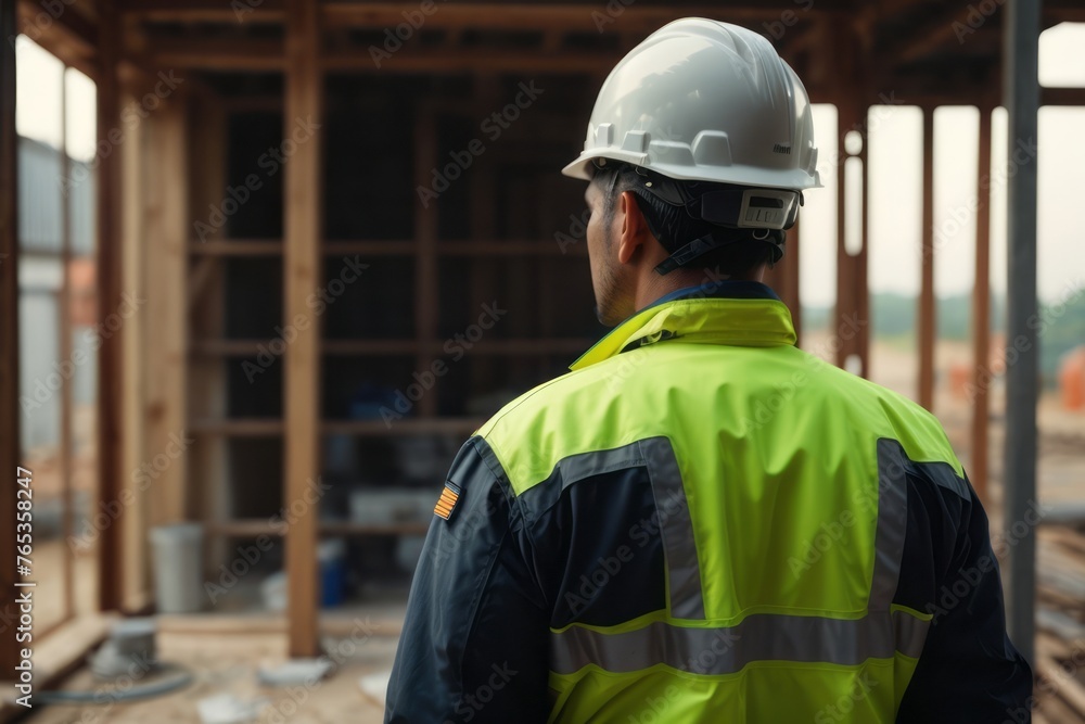 back view of construction worker foreman wearing hat and safety suit supervising construction at construction building site back view of construction worker foreman wearing hat and safety suit supervising construction at construction building site
