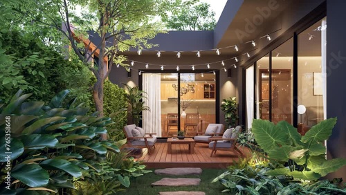 Animation of modern contemporary style small wooden terrace in lush garden with house interior background 3d render, there are green wall fence decorated with white outdoor furniture and string light photo