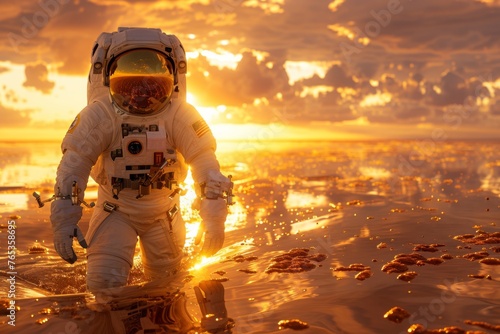 Astronaut kneeling in water at sunset, reflective visor showing the sky.