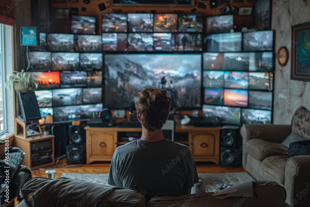 A person immersed in a multi-screen setup, surrounded by a variety of visual content in a cozy room. A person immersed in a multi-screen setup, surrounded by a variety of visual content in a cozy room.