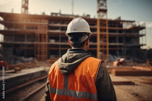 back view of construction worker engineer wearing hat and safety suit at construction site