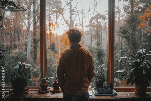An individual stands contemplatively in a sunlit room surrounded by the autumnal beauty of the outdoors.