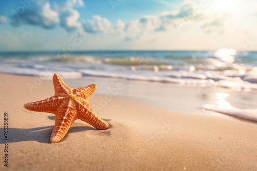 An exquisite starfish rest upon the golden sands of a tranquil beach