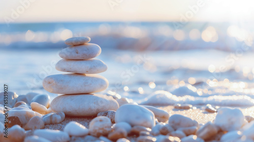 Zen stone balance at sunset beach, calming meditation backdrop, smooth pebbles, wellness spa retreat concept