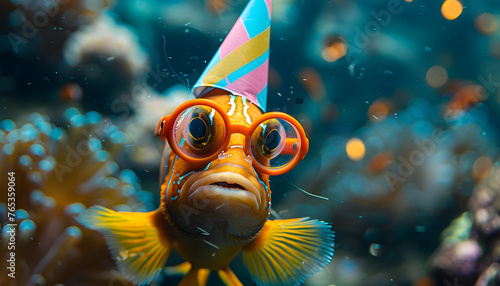 Humorous underwater image of a clown fish wearing a party hat and glasses, celebrating April Fools' Day with a playful and cheerful atmosphere. photo