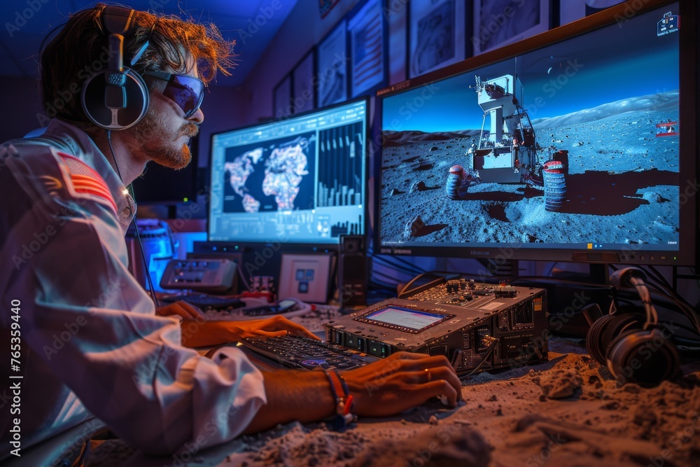 Focused engineer with VR headset in a control room simulating a Martian landscape, indicative of advanced space technology.