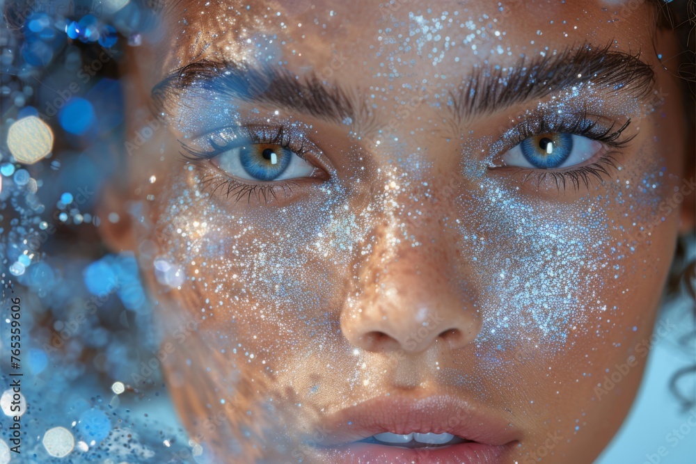 A woman's face covered with sparkling makeup and splashes, showcasing a blend of beauty and digital art A woman's face covered with sparkling makeup and splashes, showcasing a blend of beauty and digital art