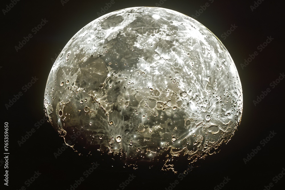 A highly detailed close-up of the Moon's surface with craters and textures illuminated against a dark background. - obrazy, fototapety, plakaty 
