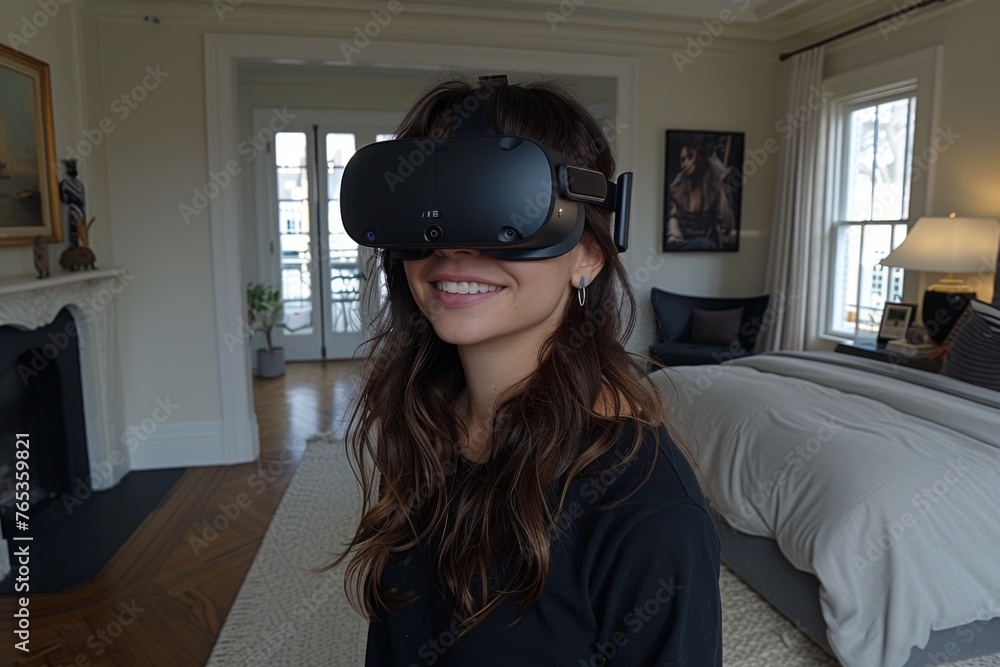 A smiling woman with long dark hair wearing an Oculus Rift VR headset in a cozy room. A smiling woman with long dark hair wearing an Oculus Rift VR headset in a cozy room.