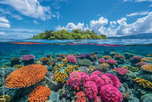  Split view of a colorful coral reef below and a tropical island above the serene sea. © Good AI