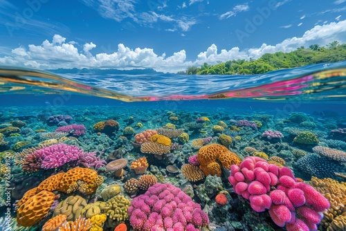  Split view of a colorful coral reef below and a tropical island above the serene sea.