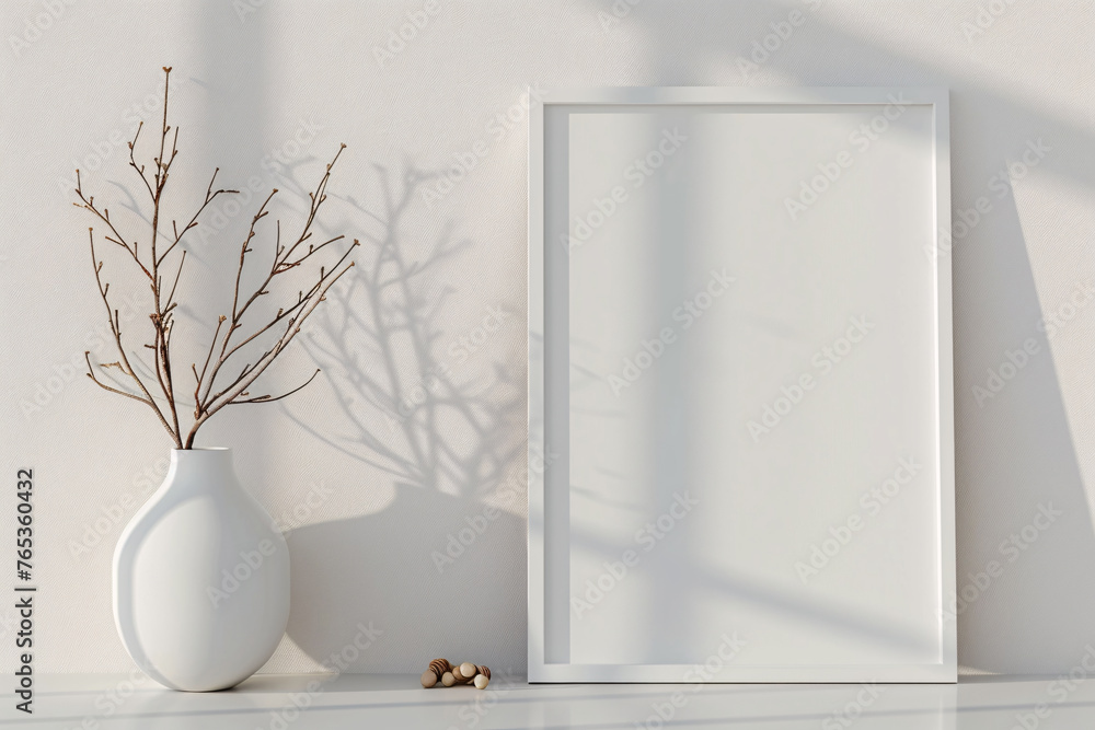 Fresh minimalist illustration, white background with green plants and blank photo frame design template Fresh minimalist illustration, white background with green plants and blank photo frame design template