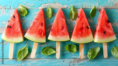 Watermelon Popsicles on a colorful background. Refreshing summer fruit concept