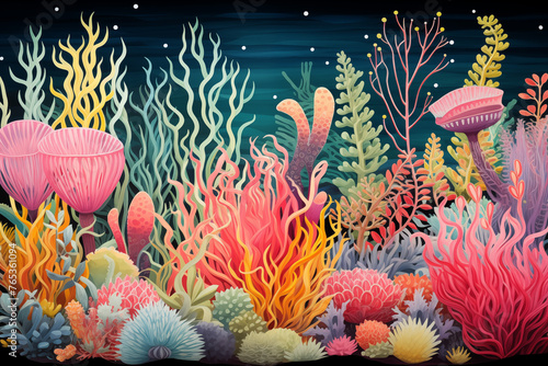 A diverse array of sea plants sway gently in the underwater currents, their vibrant hues and intricate shapes creating a mesmerizing underwater garden