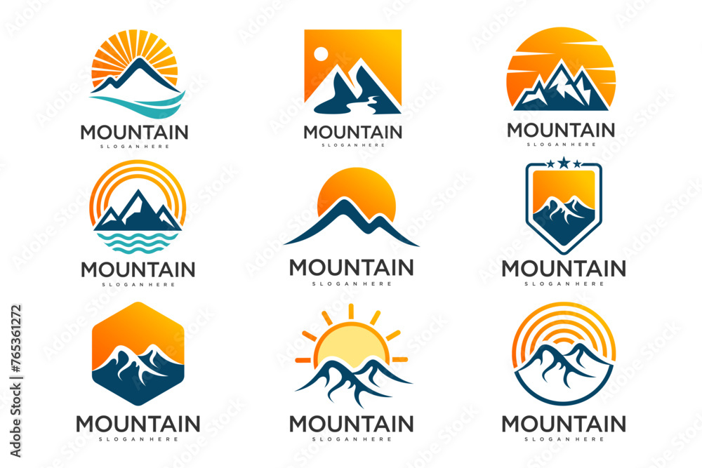 Sunset above mountains peak icon set logo design . Vintage styled mountain . Vector illustration Sunset above mountains peak icon set logo design . Vintage styled mountain . Vector illustration