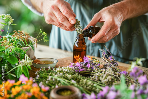 Close-ups of hands preparing and using herbal tinctures.