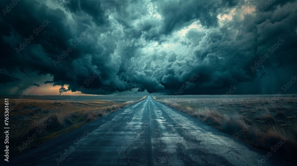 A road leading towards a dramatic stormy sky,  symbolizing the resilience and determination of startups in the face of adversity