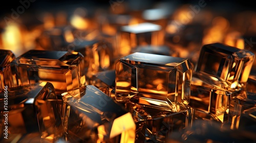 Golden crystals, glass cubes wallpaper, gold crystals background with abstract light shine