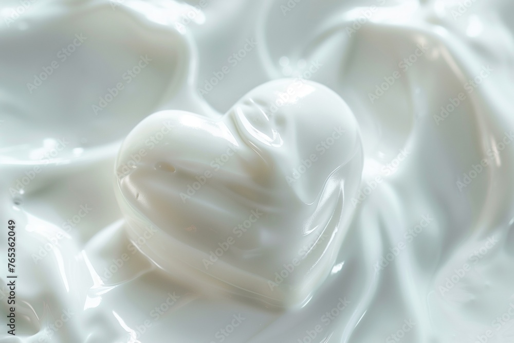 A close-up HD capture of white beauty skincare cream shaped in a heart, the smooth application and radiant glow promising a luxurious and rejuvenating skincare experience. 