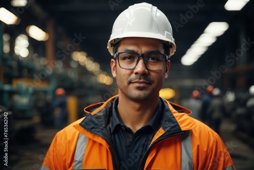 professional heavy industry engineer wearing uniform, glasses and safety hat in steel industrial factory