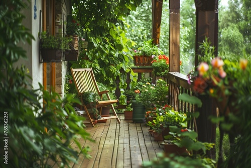 A detailed photograph of a stunning balcony or terrace with a wooden floor, cozy chair, and flourishing potted flowers, the HD lens capturing the tranquil beauty of outdoor living. © Zaitoon