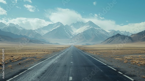 A road leading towards a distant mountain range,  symbolizing the ambitious goals and aspirations of startups photo
