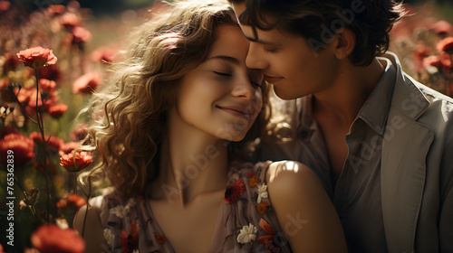Couple in flowers field lying on grass meadow, young man and woman in love smiling head to head in flowers