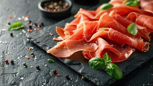 Slices of prosciutto di parma or jamon serrano (iberico) on a black plate on a dark slate