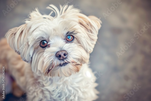 An artful composition revealing an HD close-up of a sweet puppy dog, its innocent gaze and fluffy coat highlighted, radiating irresistible cuteness and joy.